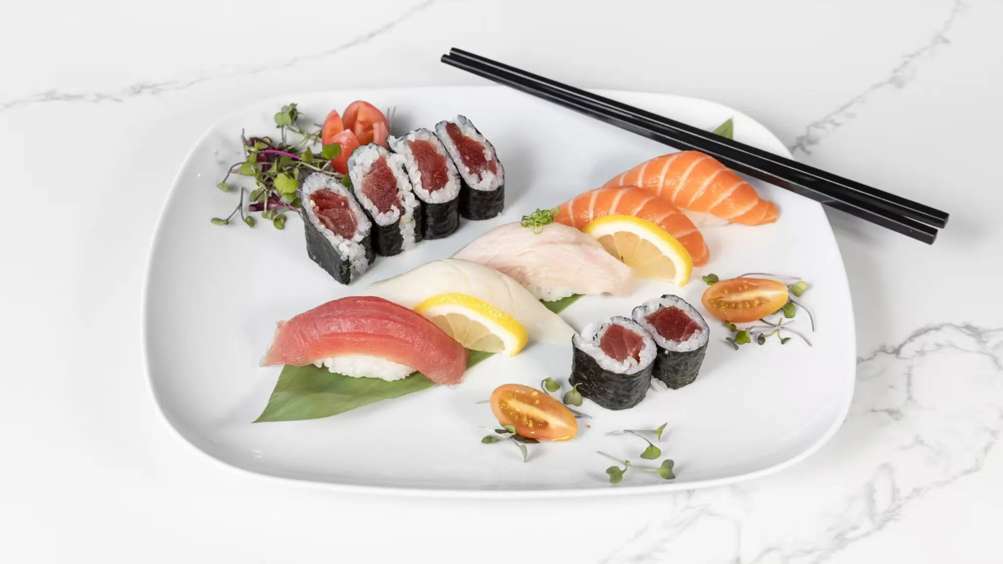 Assorted sushi & sashimi with fresh garnishes at Izumi Sushi, a Japanese Restaurant in Littleton