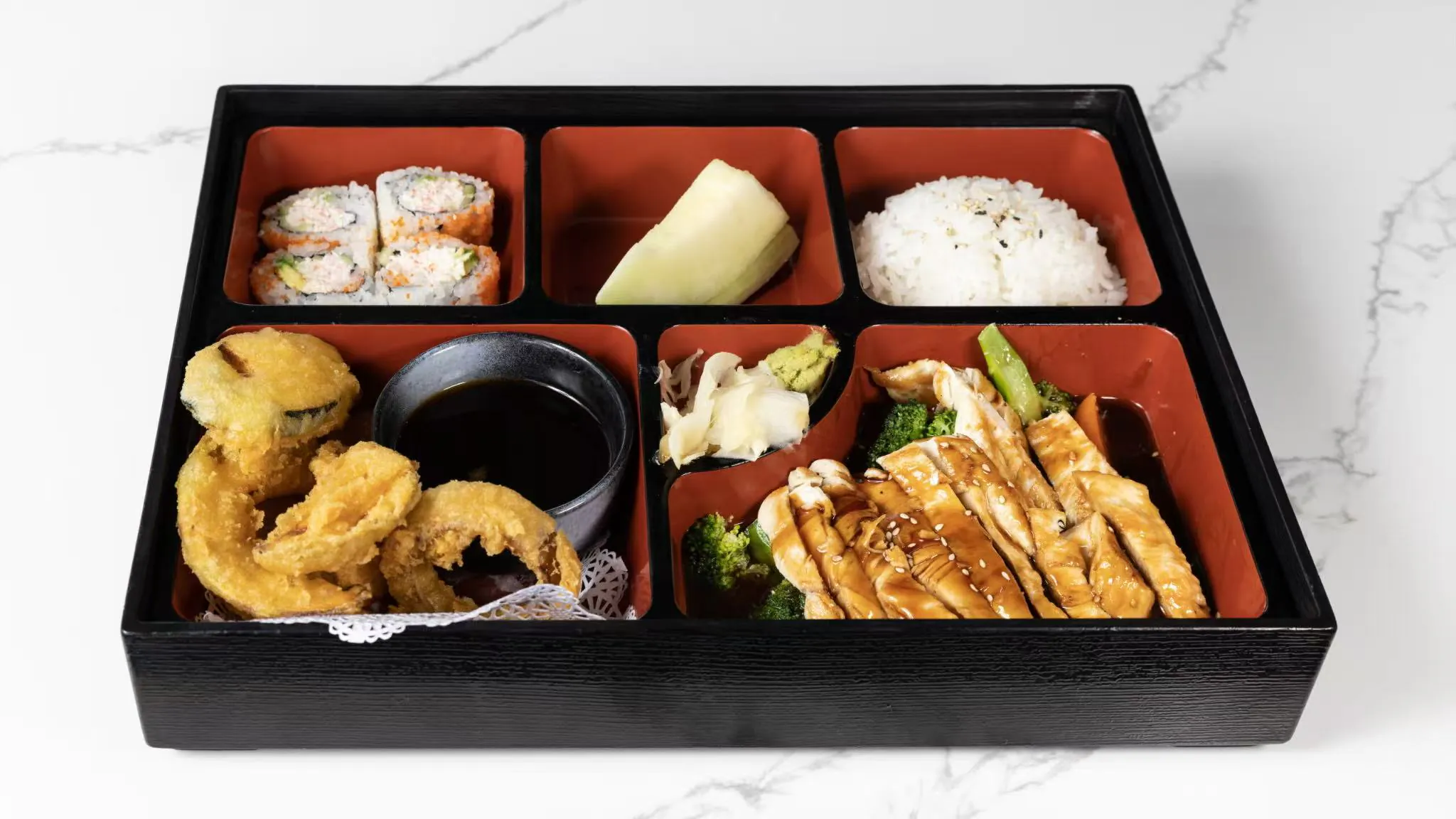 Teriyaki chicken bento with sushi & rice at Izumi Sushi, a Japanese Restaurant in Littleton